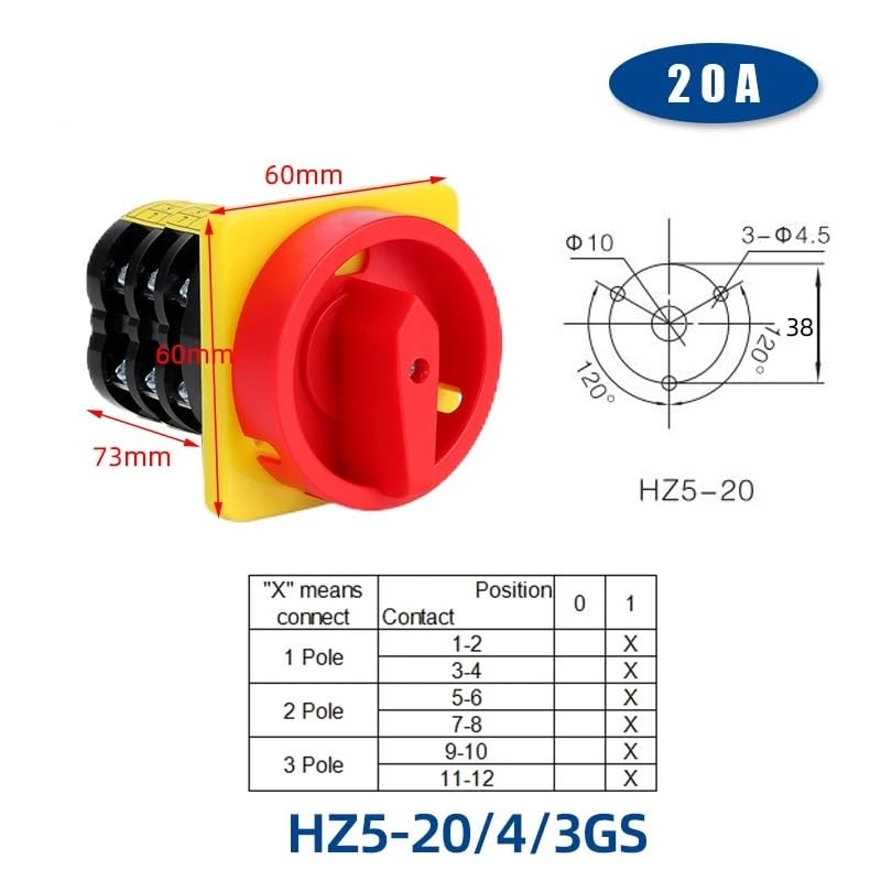HZ5-20GS コンビネーションスイッチ 20A 4kw 1P 4端子 2ポジション ロータリーカム切替セレクター
