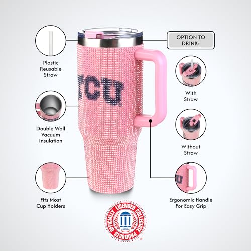 Image of The Memory Company NCAA Pink Bling 40oz Stainless Steel Water Tumbler, Double Wall Vacuum Insulated Game Day Bottle, Rhinestone Design with Handle Lid and Straw