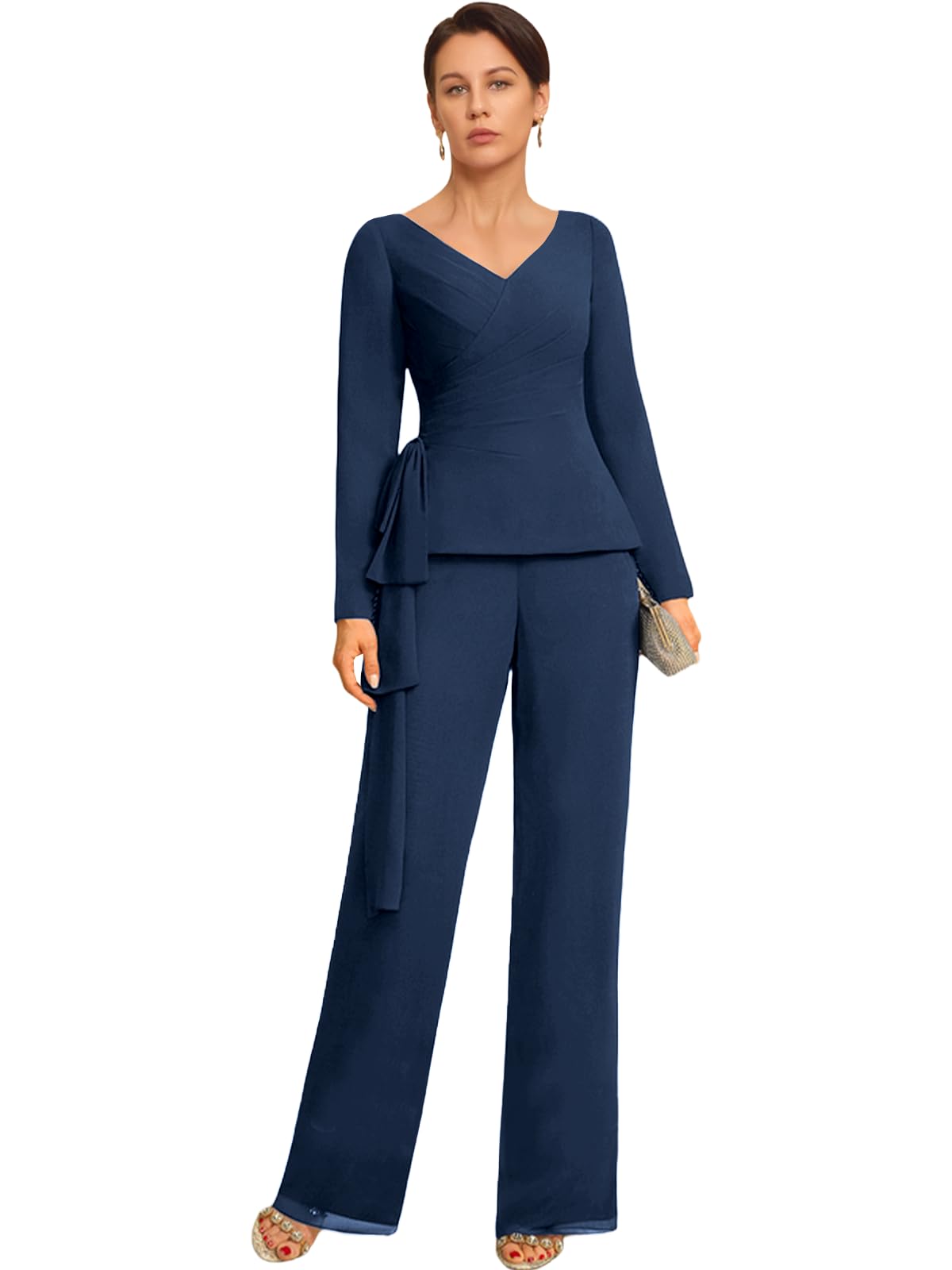Mother of the Bride Pant Suits 2 Pieces Chiffon Pleated V Neck Bow Grandmother of Bride Jumpsuit for