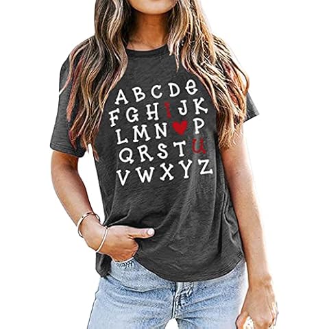 Valentines Day Shirts Teacher Outfits Alphabet ABC I Love You Tops Girlfriend Gifts Valentine Short Sleeve Tees Tops Grey Cover