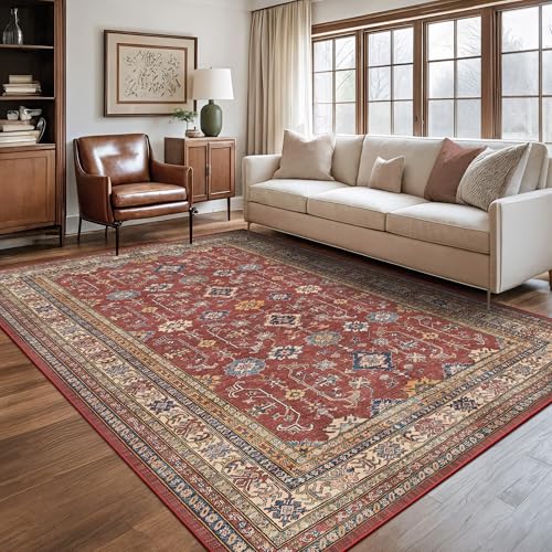 Rugland 6x9 Rug - Stain Resistant Washable Rug, Anti Slip Backing Rugs for Living Room, Vintage Tribal Area Rugs (TPR10-Burgundy, 6'x9')