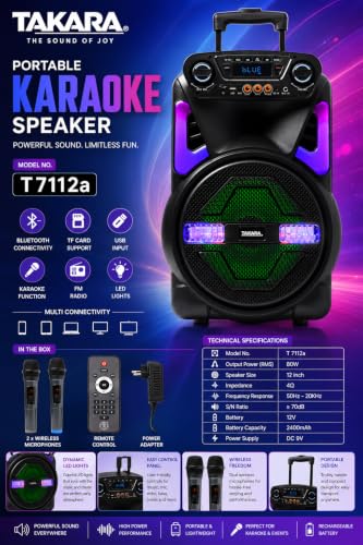Image of Takara T 7112a Party Karaoke Trolley DJ Speaker Multimedia Bluetooth; Audio Recording; USB; with 2 Wireless Mic; Remote Control; FM with New DJ LED Light (Black)