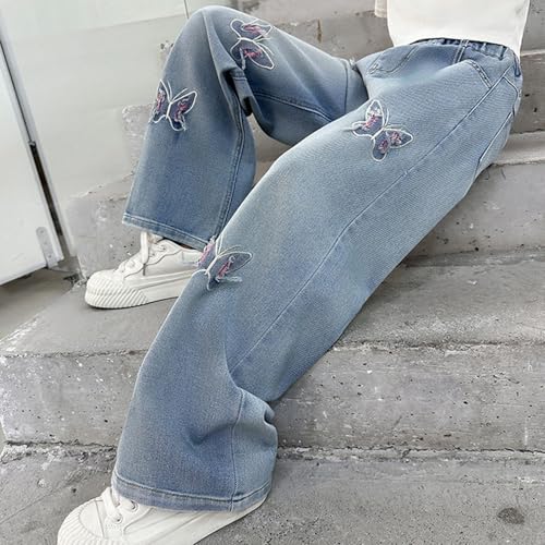 Wide Leg Jeans for Teens Butterfly Print Jeans Kids Elastic Waist Streetwear Denim Baggy Pants with Pockets 5-14Y2
