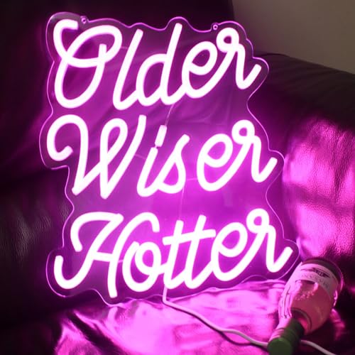 Image of Pink Older Wiser Hotter Neon Sign Funny Birthday Party Neon Light Happy Birthday Backdrop Lights for Women 30th 40th 50th 60th 70th 80th Party Decorations