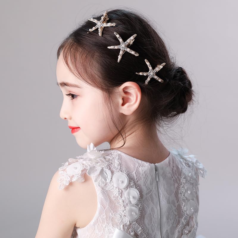 3Pcs Starfish Hair Clips, Gold Rhinestone Pearls Hair Pins, Sea Star Hair Barrettes, Mermaid Accessories - Image 4