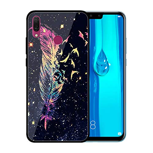Urhause Tempered Glass Cover Compatible with Huawei Y9 2019 Case Glossy Mirror Case Ultra Thin Starry Sky Sparkle Hard Cover Feather Tempered Glass + Soft Silicone Skin Cover Bumper Anti-Scratch Cover