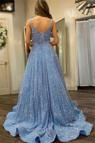 TRHTX Elegant Long Sleeve Sequin Prom Dresses with Slit V Neck Satin Formal Dresses with Pockets3