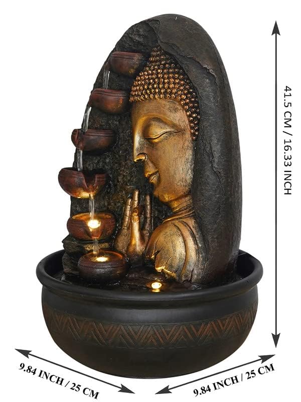 Image of Polyresin Golden Brown Side Face Buddha Table Top Home Decor Indoor 5 Steps Water Fountain with Yellow LED Lights & Water Flow Controller Pump (Size: 41.5 x 25 x 25CM | Weight: 2160grm)