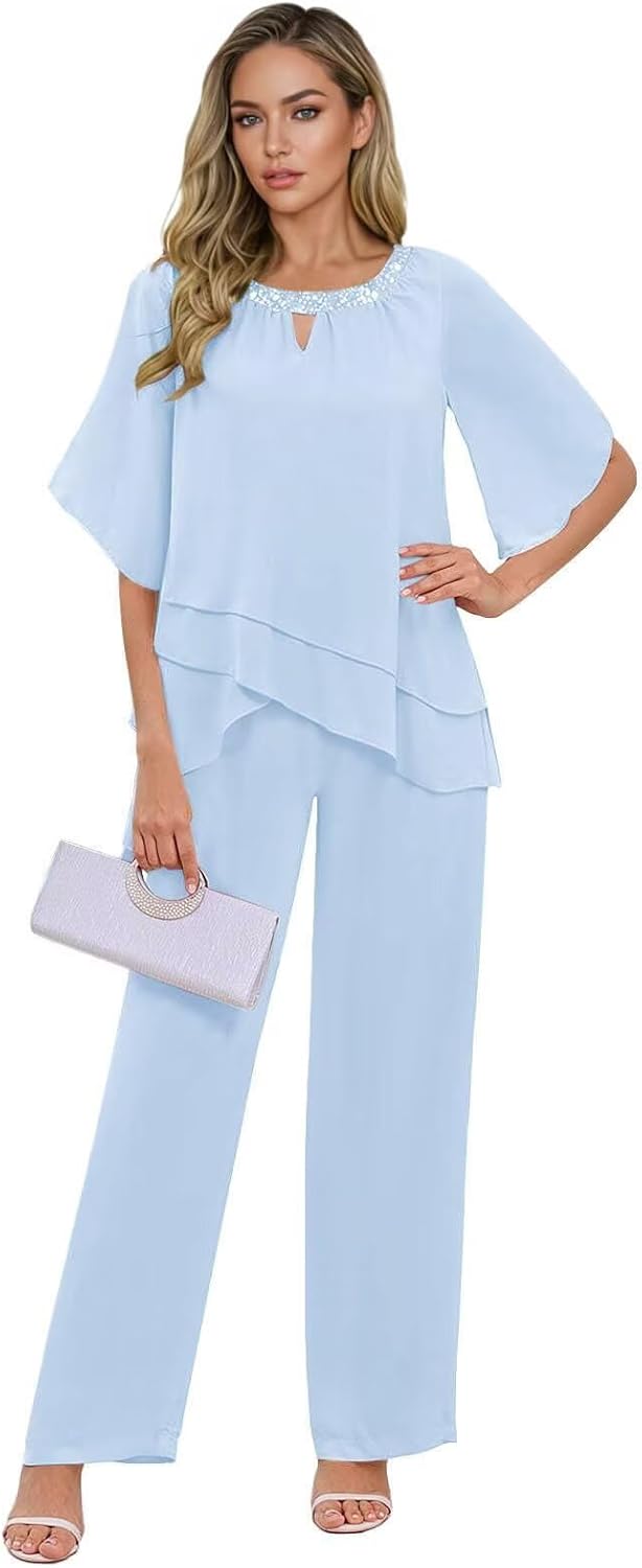 Chiffon 2 Pieces Mother of The Bride Pant Suits for Women Half Sleeves Formal Wedding Guest Outfit