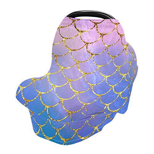 Image of Stretchy Baby Car Seat Covers for Boys Girls Mermaid Fish Scales Infant Car Canopy Nursing Cover Breastfeeding Scarf