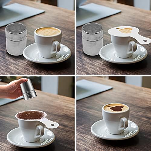 Coffee Sprinkles Powder Set,5.5cm*9cm/Stainless Steel Mesh Chocolate Shaker Duster,with 16 Coffee Stencils for DIY Cappuccino Coffee,Lcing Sugar Cocoa Flour & Latte Coffee (Small)