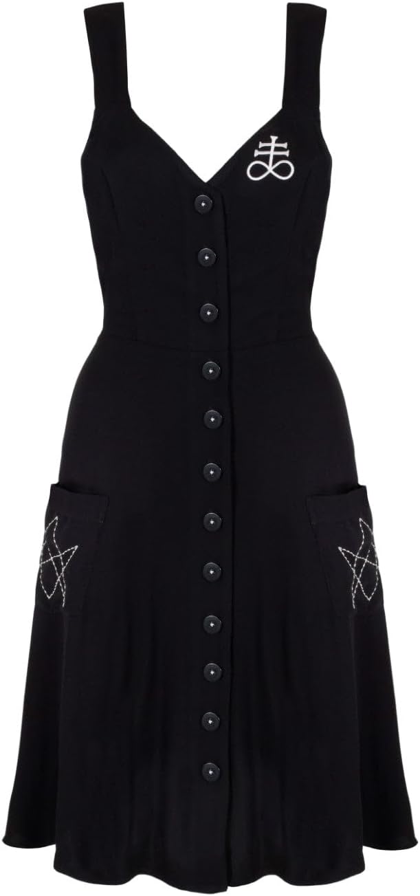 Hell Bunny Destroya Knee Dress Embroidery Gothic Alternative Clothing Pinafore, Black, M