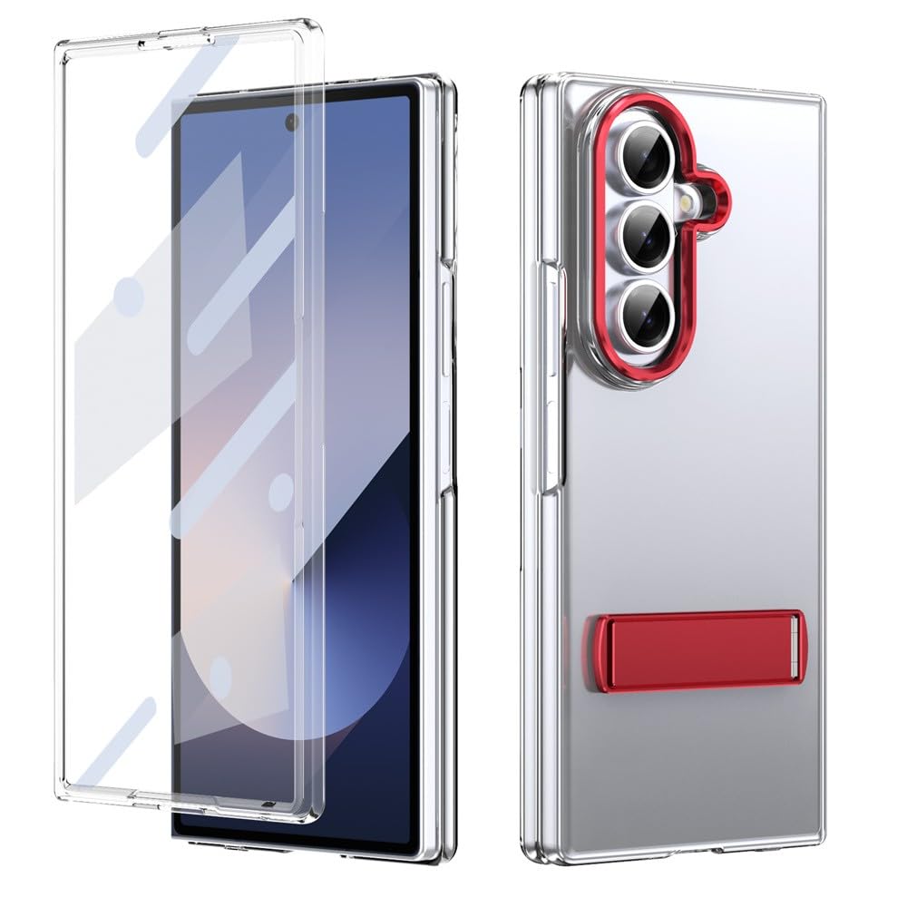 Generic Custodia compatibile con Samsung Galaxy Z Fold 3 (colore: rosso) antiurto in metallo trasparente con supporto rigido flip case stand cover schermo