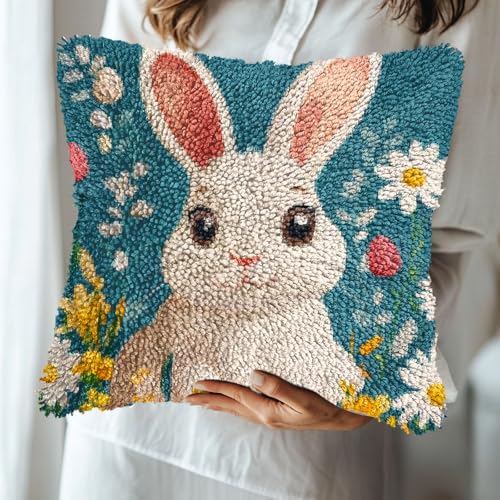 Image of Latch Hook Pillow Kits Cartoon Easter Rabbit in Flowers Stamped Pillowcase Handamade Crochet Yarn Hook and Latch Emboridery Throw Pillow Cover for Home Sofa Decor 43x43cm(3)