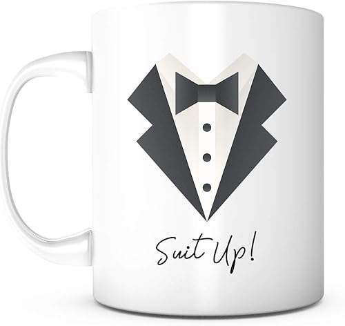 Suit Up Tux - Suministros para despedida de soltero para hombres, taza de café para novios y padrinos de boda, regalo de taza de boda para