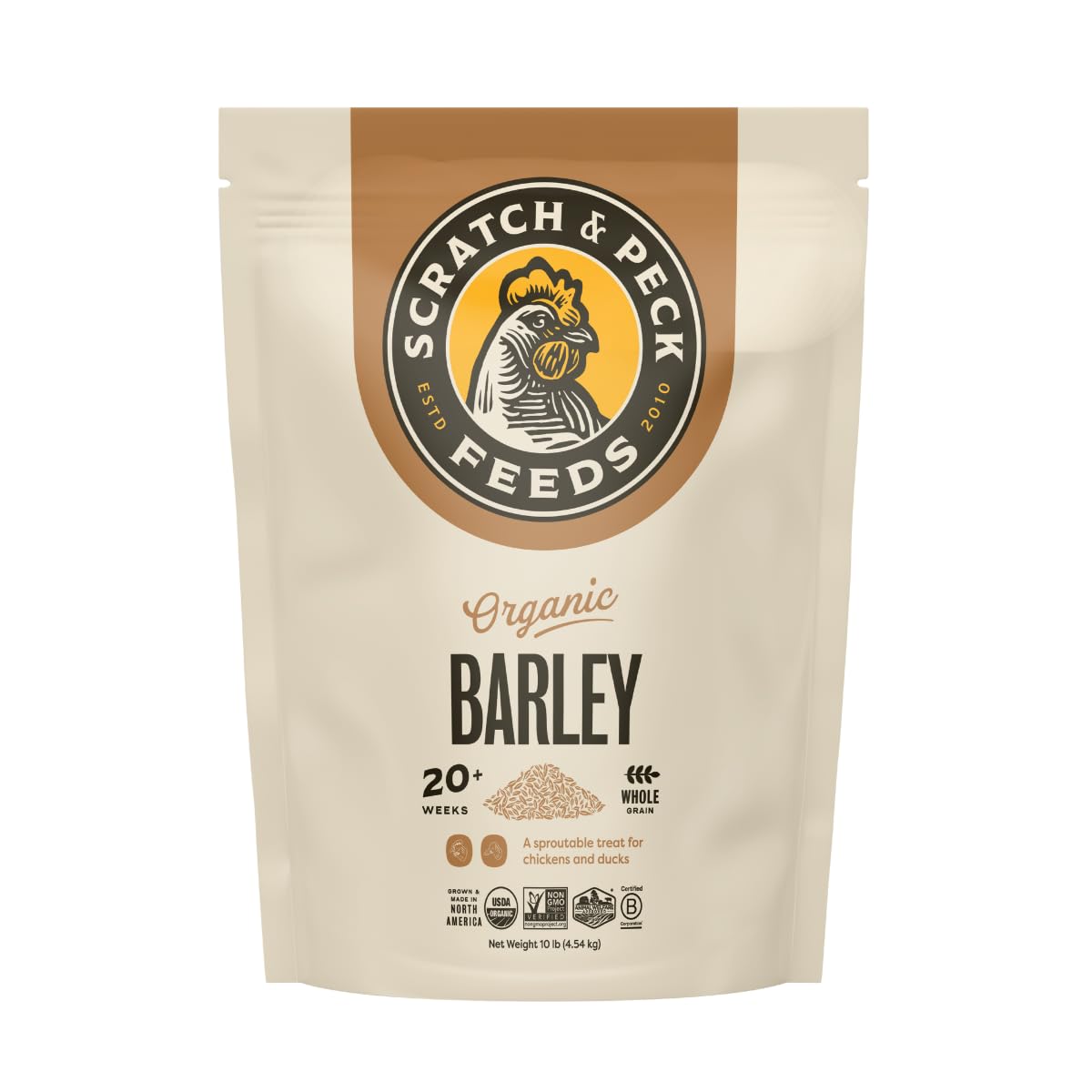 Scratch and Peck Whole Barley Chicken, Duck and Livestock Supplemental Grain - 10 lbs Bag - 8.5% Protein, Certified Organic and Non-GMO Project Verified Chicken Food