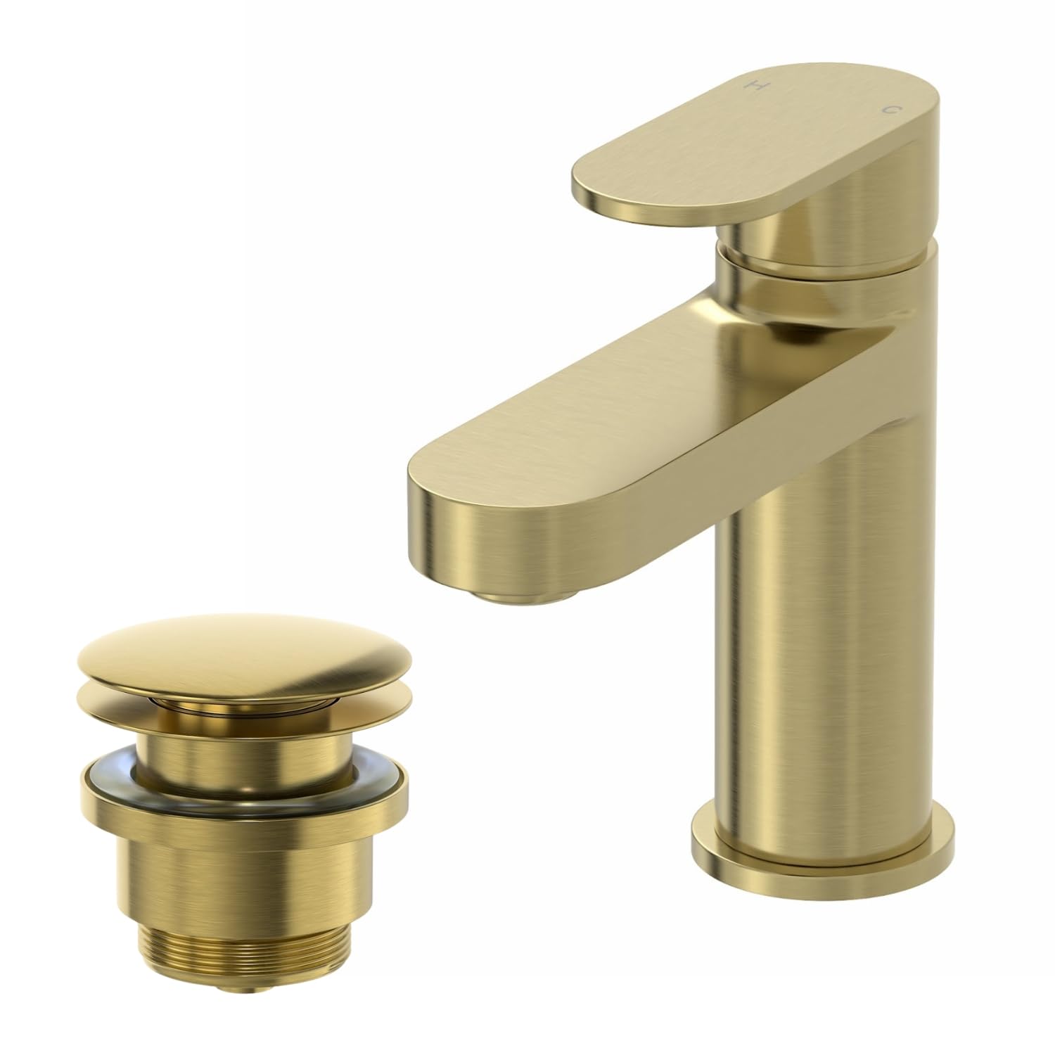 Architeckt® Lund Bathroom Cloakroom Basin Sink Mixer Tap and Waste Set Deck Mounted Round Single Lever Handle Modern, Brushed Brass