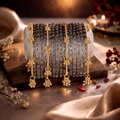 Image of Shining Diva Fashion 16 Pcs Trendy Stylish Glass & Kashmiri Ghungroo Bangles Set for Women & Girls | Traditional Festive Wedding Party Jewellery