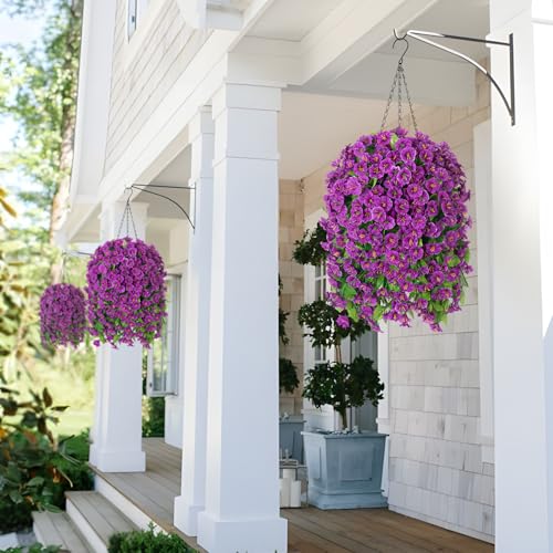 Image of Ammyoo Artificial Faux Hanging Flowers Basket for Spring Outdoor Decor | Fake Silk Colorful Morning Glory Eucalyptus in Planter UV Resistant Look Real for Summer Home Balcony Porch Yard(Darkorchid)