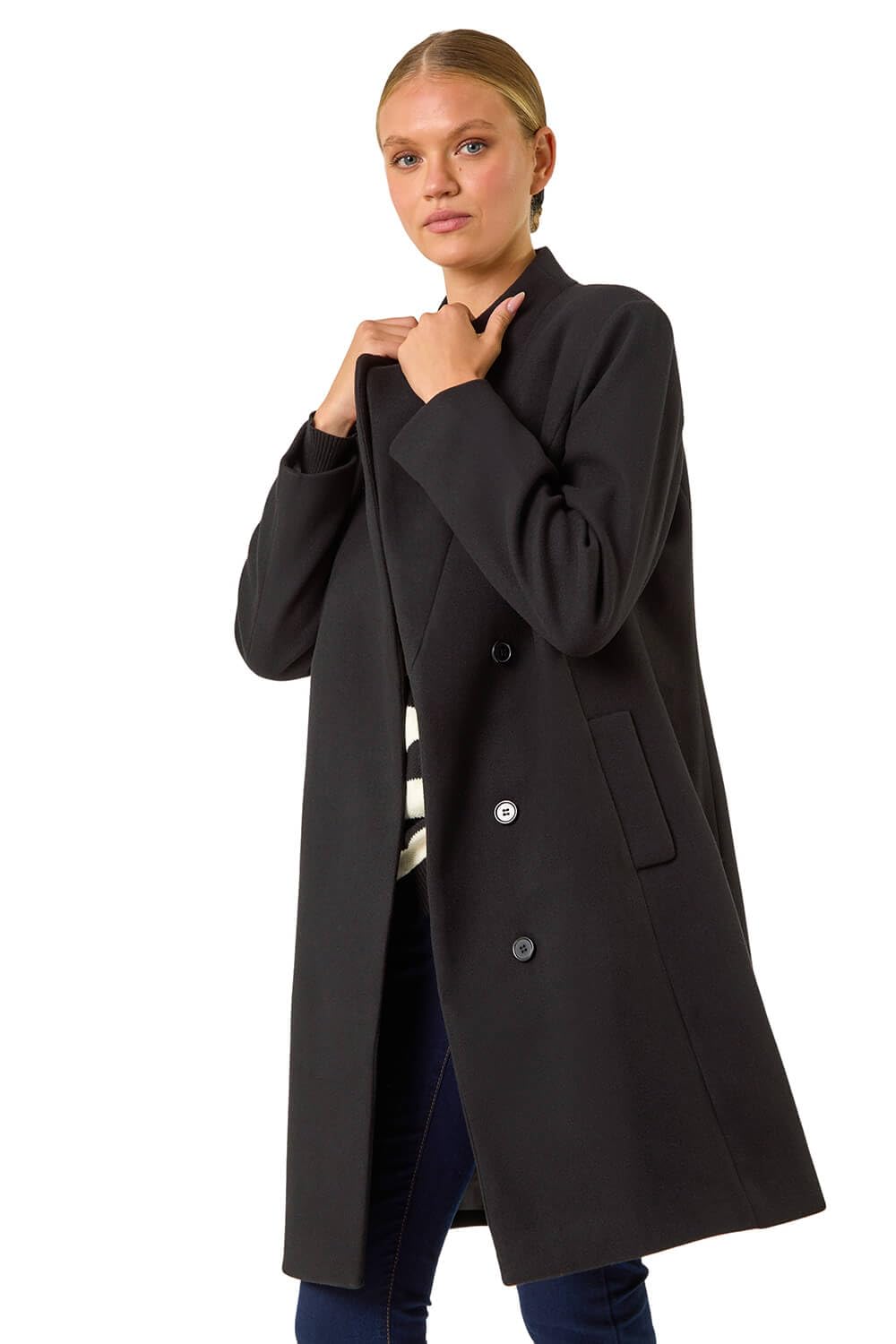 Roman Women's Black Tailored Funnel Neck Pocket Detail Coat