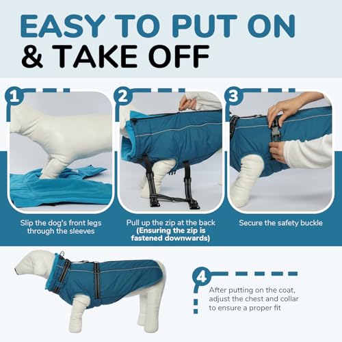 Lelepet Hundemantel für den Winter, Warme Hundejacke mit integriertem Geschirr, Winddicht Mantel mit Fleece Gefüttert für Hunde, Reflektierende Hundeweste für Kaltes Wetter, Blau XL