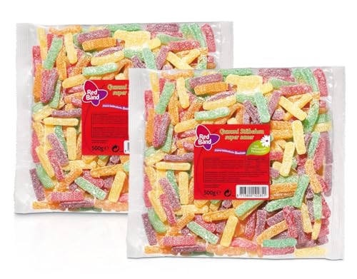 Naschwerk Süßigkeiten Bundle Red Band Gummi Stäbchen gezuckert & super sauer 2x500g Doppelpack Fruchtgummi Sauer Mix mit Naschwerk Sticker