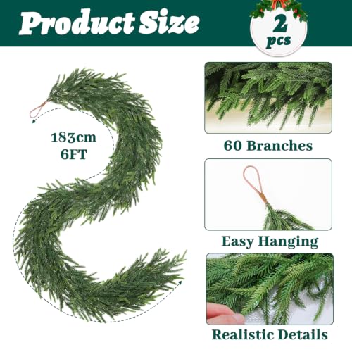 TOWPONICS 2Pcs 6FT Christmas Garland, Norfolk Pine Garland for Mantle Decor - image 3