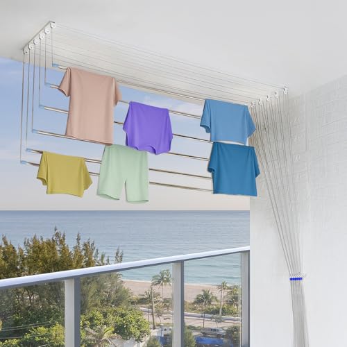 Image of Amazon Basics Heavy-Duty Stainless Steel Ceiling Cloth Dryer (6 Pipes x 6 Feet) with UV-Protected Nylon Ropes - Balcony Clothes Drying Stand with Pulley Mechanism