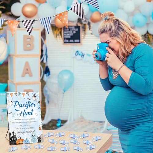 Image of Thyle 51 Pcs Blue Halloween Pacifier Hunt Baby Shower Games Cute Pumpkin Ghost Baby Shower Game Decoration Include Hunt Sign and Acrylic Pacifiers Gift Sets for Halloween Gender Reveal Party Decor