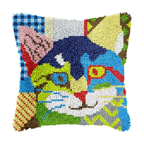 Image of bositigo Cat Latch Hook Pillow Kit for Adults & Kids, DIY Pre-Printed Canvas Craft, 17x17 Inch Decorative Cover for Sofa Cushions, Bedroom Decor (Cat Pattern 33)