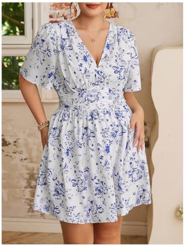 Image of Floerns Women's Plus Size Printed V Neck Short Sleeve Ruffle Hem Summer Short Dresses