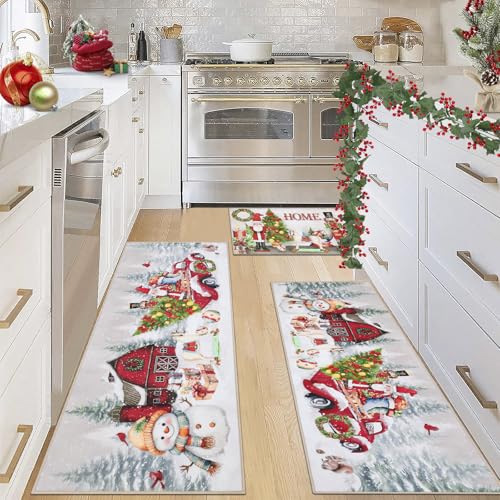 Ileading Christmas Kitchen Rugs Sets of 3 Piece Xmas Farm Truck & Snowman Kitchen Floor Mat Non Skid Washable Runner Rug for Winter Holiday Decor Farmhouse Carpet for Sink Laundry Hallway livingroom