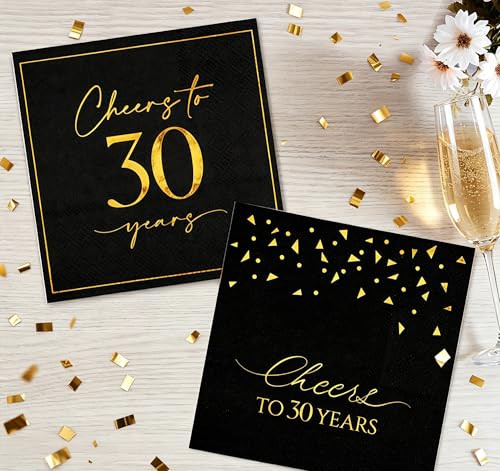 50 Pack Cheers to 30 Years Cocktail Napkins - Black and Gold 30th Birthday Party Napkins, 5x5 Inch 2 Designs Beverage Napkins for Anniversary & Milestone Celebrations