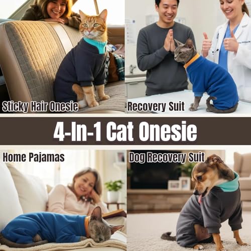 T'CHAQUE Sticky Hair Cat Onesie - Soft Long Sleeve Cat Pajamas, Anti-Shedding,Surgery Recovery Suit, Wound Protection & Preventing Licking, Kitten Sweaters for Male Female, Darkgray-L by T'CHAQUE - Image 3