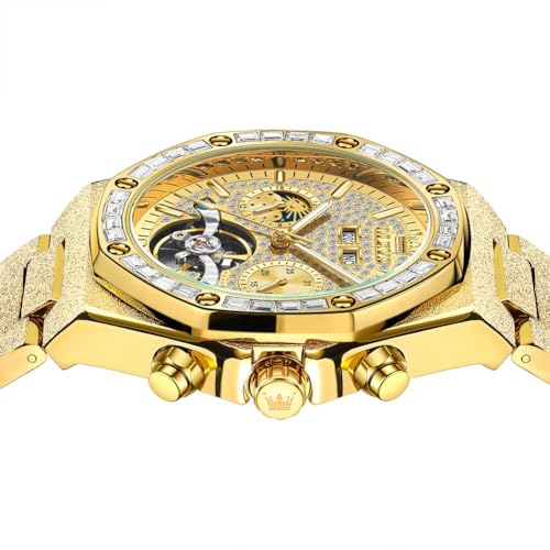 Image of OLEVS Automatic Watch for Men 44MM Large Dial Frosted Gold Octagon Self-Winding Diamond Waterproof Stainless Steel Wrist Watches Tourbillon Skeleton Mechanical