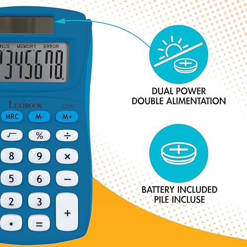 Lexibook - Taschenrechner FRUITIES®, 8 Ziffern, 4 Operationen, Grund- und erweiterte Funktionen, Solar- und Batteriebetrieb, Blau, C208A