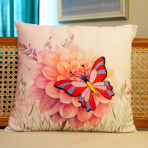 Image of picknMAKE Pack of 2 DIY Cushion Cover Hand Embroidery Kit Set for Beginners with Butterfly Bliss DIY Craft Cushion /Pillow Cover|16 inchX16|Digitally Printed Embroidery Patterns|All Materials Included