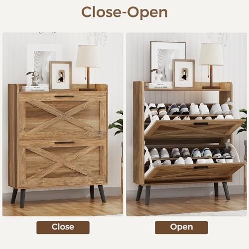 Image of Homleke Farmhouse Shoe Storage Cabinet with Flip Drawers & Barn Door Design | Slim Narrow Shoe Rack Cabinet with Adjustable Shelves & Hidden Storage for Entryway, Hallway, Living Room, Rustic Walnut