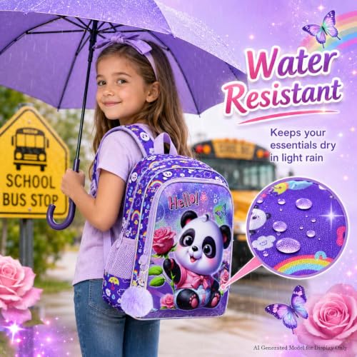 Image of AGSDON 3PCS Kids Backpack for Girls, 16 inch Kid Backpacks Panda Preschool for Elementary, Water Resistant Bookbag with Lunch Box