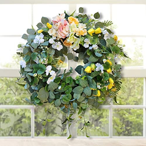 Wanna-Cul 24 Inch Spring Hydrangea Floral Wreath For Front Door With Yellow Tulip And Rose Flower Or Home Decor #TOP5
