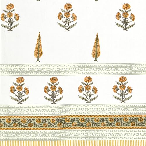Image of BLOCKS OF INDIA Hand Block Printed Cotton Daylight Curtains with Eyelets | Mustard Green Paisley, Door- 7 Feet (Pack of 2)