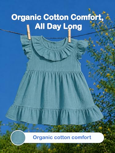 Image of Kidbea Baby Girls' Cotton Dress, Comfortable, Trendy Ruffled Sleeves & Hem, Soft Breathable Fabric for Everyday & Special Occasions (Teal, 2-3 Years)