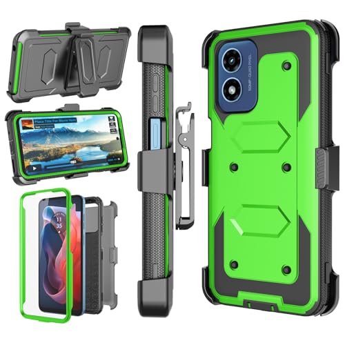 Njjex for Moto G Play 4G 2024 Case, for Motorola G Play 4G 2024 Phone Holster Case, [Nbeck] Shockproof Heavy Duty Built-in Screen Protector Rugged Swivel Belt Clip Holster Kickstand Hard Cover -Green