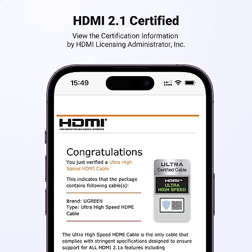 Image of UGREEN 8K HDMI 2.1 Cable Certified 48Gbps 240Hz Ultra High Speed Cord 6.6FT | 10K 8K@60Hz, 4K 240Hz, Braided, HDCP 2.2&2.3 eARC HDR Dolby, Compatible With PS5, Xbox X, Switch 2, Roku, Mac mini M4 Pro