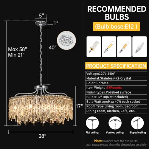 Image of 10 Lights Chrome Round Crystal Chandeliers for Dining Room 28 inch