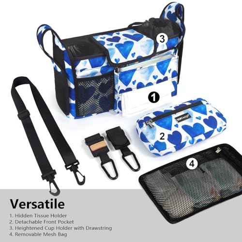 Image of TOPDesign Universal Baby Stroller Organizer, Stroller Caddy with Detachable Mesh Bag & Heightened Insulated Cup Holders & Non-Slip Secure Hooks Accessories, Fits Most Strollers (Love)
