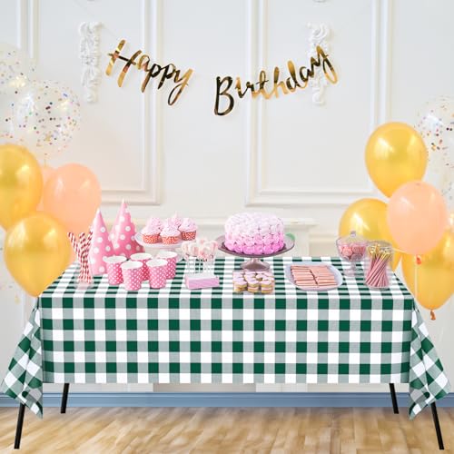 Image of WNINK 3 Pack Green and White Checkered Rectangular Plastic Tablecloths, Green Gingham Waterproof Disposable Table Covers 54 inch x 108 inch for Birthday, Wedding, Outdoor Picnic Camping Parties