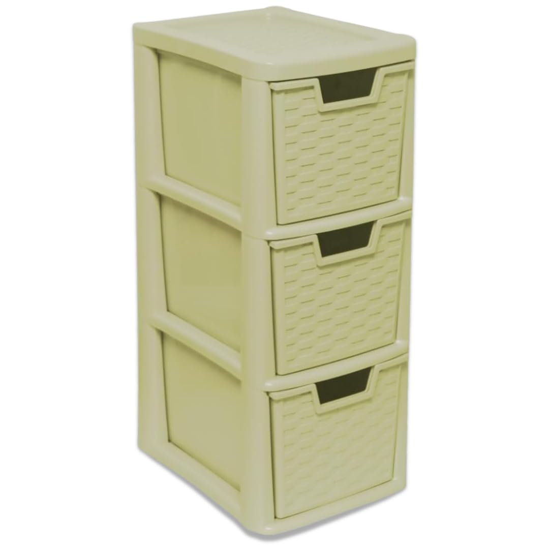 PD - 3 Tier Plastic Rattan Medium Drawer Unit - Storage Cabinet Chest of Drawers for Bedroom, Kitchen, Living Room - Utility Organiser Freestanding Drawer Tower Unit (Cream, 3 Tier)