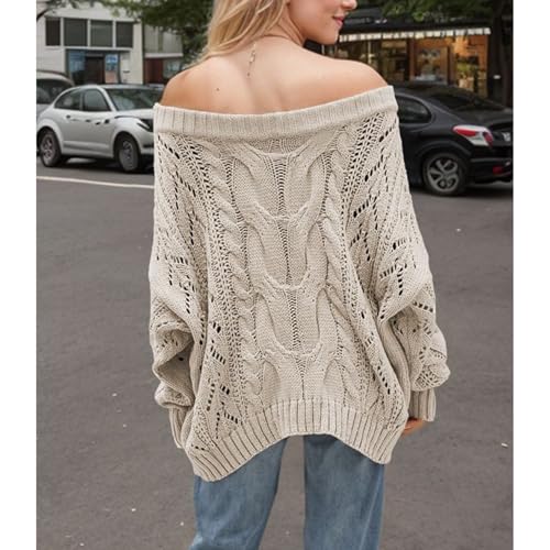 Women's Baggy Pullover Sweater Fashion Off The Shoulder Cut Out Cable Knit Oversized Cozy Crochet Knitwear4