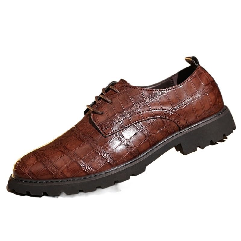 Men's Vintage Crocodile Print Strap Slip On Dress Shoes Formal Business Casual Lace Up Punched Leather Oxford